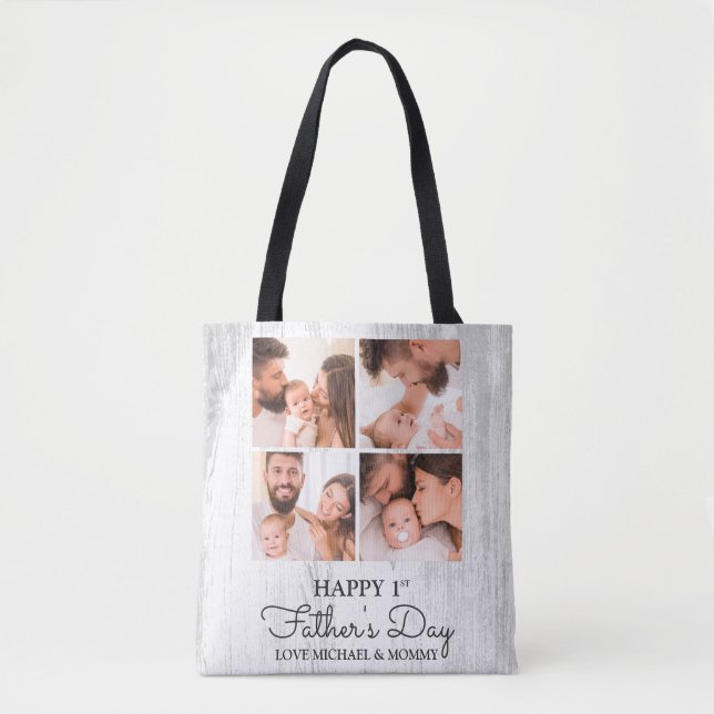 Cute Modern Photo Collage Happy First Fathers Day Tote Bag (Front)