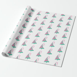 Cute Modern Pink and Green Christmas Tree Wrapping Paper