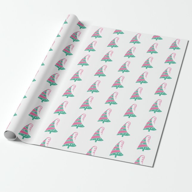 Cute Modern Pink and Green Christmas Tree Wrapping Paper (Unrolled)
