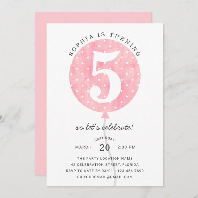Cute Modern Pink Balloon Elegant Girl Birthday Invitation (Front/Back)