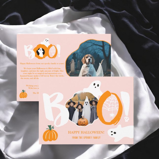Cute Modern pink Boo ghosts 2 photos Halloween Holiday Card (Cute Modern pink Boo ghosts 2 photos Halloween Holiday Card)