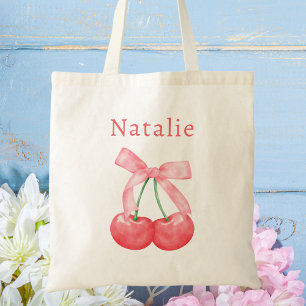 Cute Modern Pink Bow Cherry Kids Tote Bag