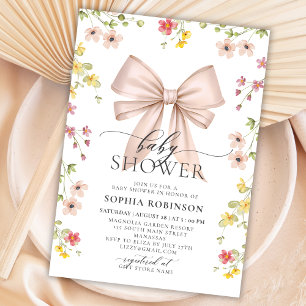 Cute Modern Pink Bow Wildflower Girl Baby Shower Invitation