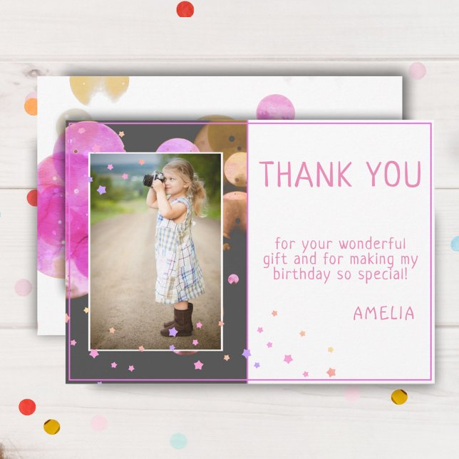 Cute Modern Pink Bubbles Kids Birthday Photo Thank You Card (Creator Uploaded)