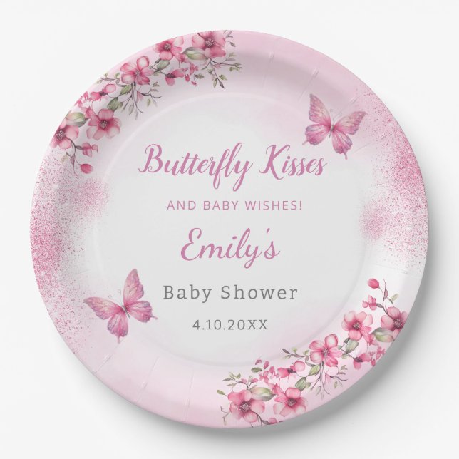 Cute Modern pink Floral Butterfly girl Baby Shower Paper Plate (Front)