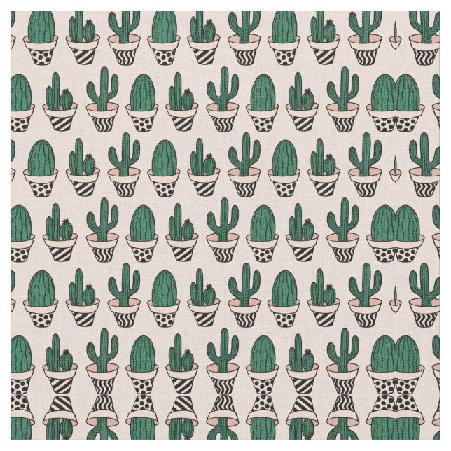 Cute Modern Pink Green Potted Cactus Pattern Fabric (Close Up)