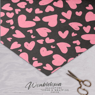 Cute Modern Pink Love Hearts On Black Background Tissue Paper