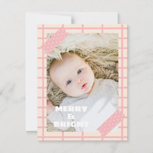Cute Modern Pink Merry and Bright Christmas Photo Holiday Card