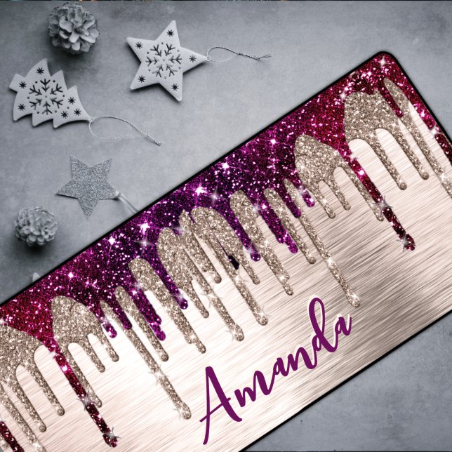 Cute modern Pink red Glitter Drips monogram Desk Mat (Creator Uploaded)