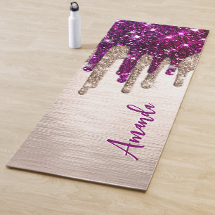 Cute modern Pink red Glitter Drips monogram Yoga Mat