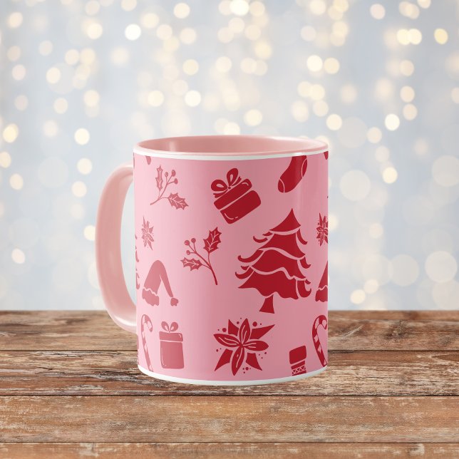 Cute Modern Pink Red Merry Christmas Pattern  Mug (Creator Uploaded)