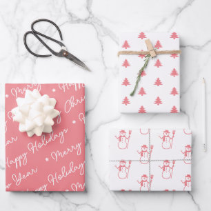 Cute Modern Pink Snowman Christmas Trees Script Wrapping Paper Sheet