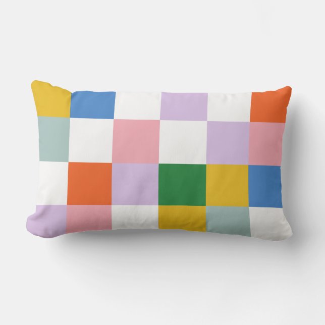 Cute Modern Playful Colourful Check Pattern Lumbar Cushion (Front)