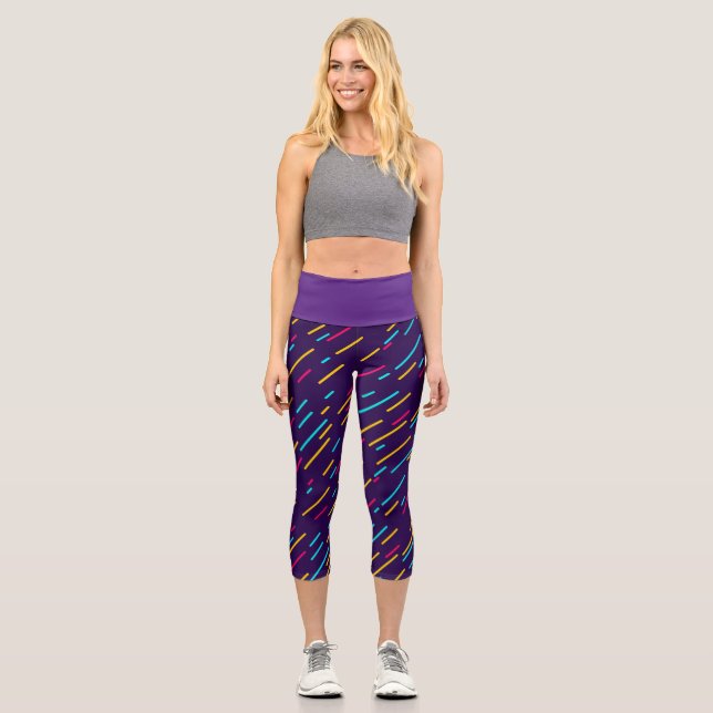 Cute Modern Purple Geometric Lines Pattern Capri Leggings (Front)