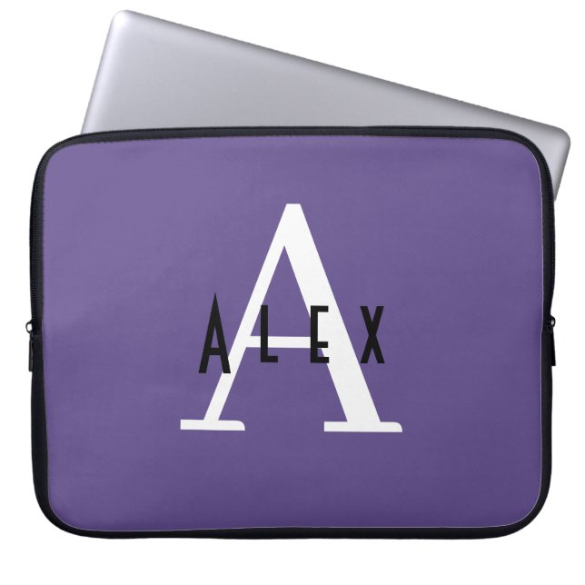 Cute Modern Purple Monogram Initial + Name Laptop Sleeve (Front)