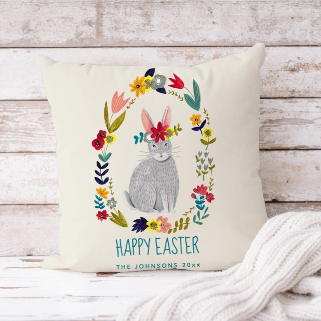Cute modern rabbit with floral wreath personalised cushion (Creator Uploaded)