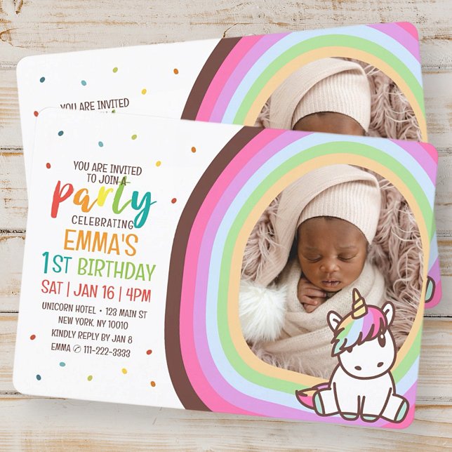 Cute Modern Rainbow Unicorn Photo Kid's Birthday Invitation (Creator Uploaded)