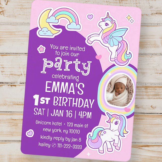 Cute Modern Rainbow Unicorns Kid's Birthday Photo Invitation (Creator Uploaded)