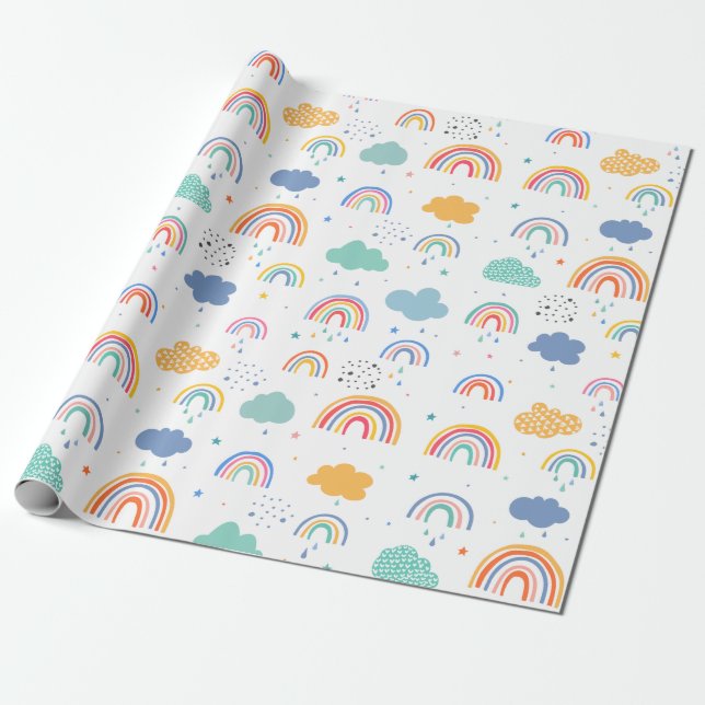 Cute Modern Rainbows and Clouds Pattern Wrapping Paper (Unrolled)