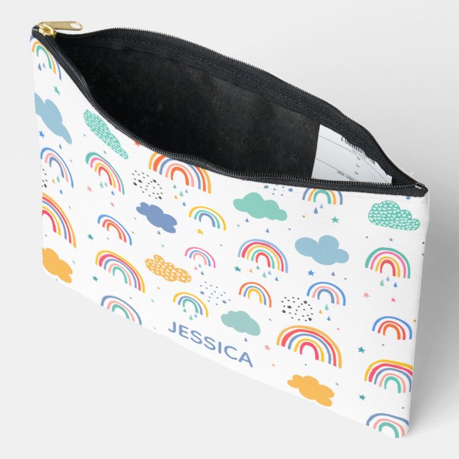 Cute Modern Rainbows & Clouds Pattern Personalised Accessory Pouch (Open)