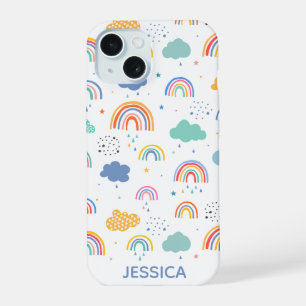 Cute Modern Rainbows & Clouds Pattern Personalised iPhone 15 Case