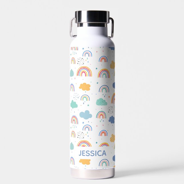 Cute Modern Rainbows & Clouds Pattern Personalised Water Bottle (Front)