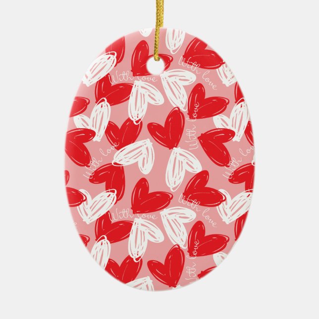Cute Modern red and white hearts pattern Ceramic Tree Decoration (Front)