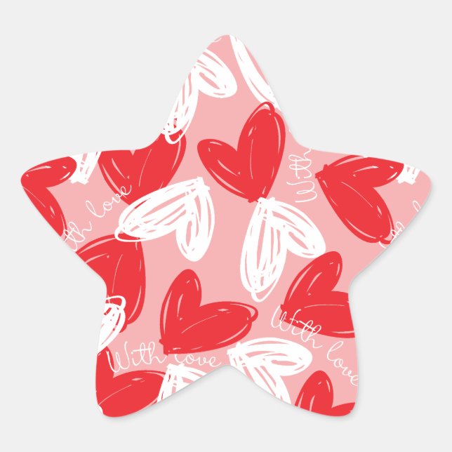 Cute Modern red and white hearts pattern Star Sticker (Front)