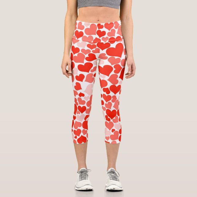 Cute Modern Red Heart Pattern Capri Leggings (Front)