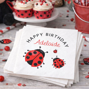 Cute Modern Red Ladybug Happy Birthday Custom Napkin
