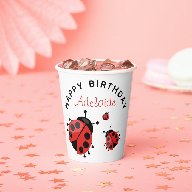 Cute Modern Red Ladybug Happy Birthday Custom Paper Cups (Insitu)