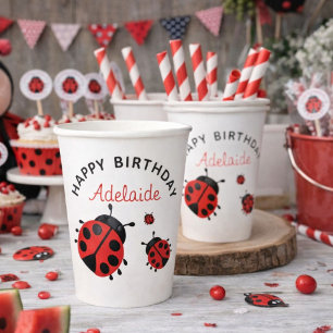 Cute Modern Red Ladybug Happy Birthday Custom Paper Cups