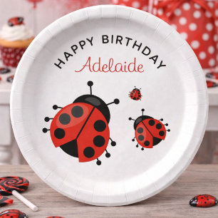 Cute Modern Red Ladybug Happy Birthday Custom Paper Plate