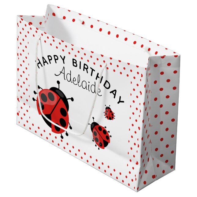 Cute Modern Red Ladybug Personalised Large Gift Bag (Front Angled)
