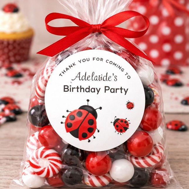 Cute Modern Red Ladybug Personalised Thank You Classic Round Sticker (Creator Uploaded)