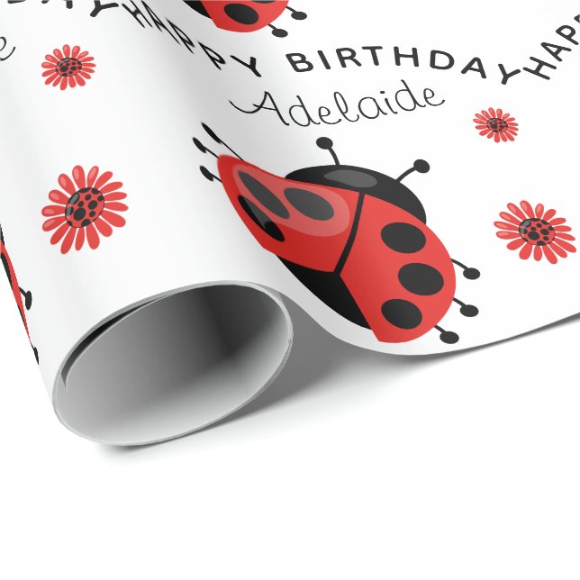 Cute Modern Red Ladybug Personalised Wrapping Pape Wrapping Paper (Roll Corner)