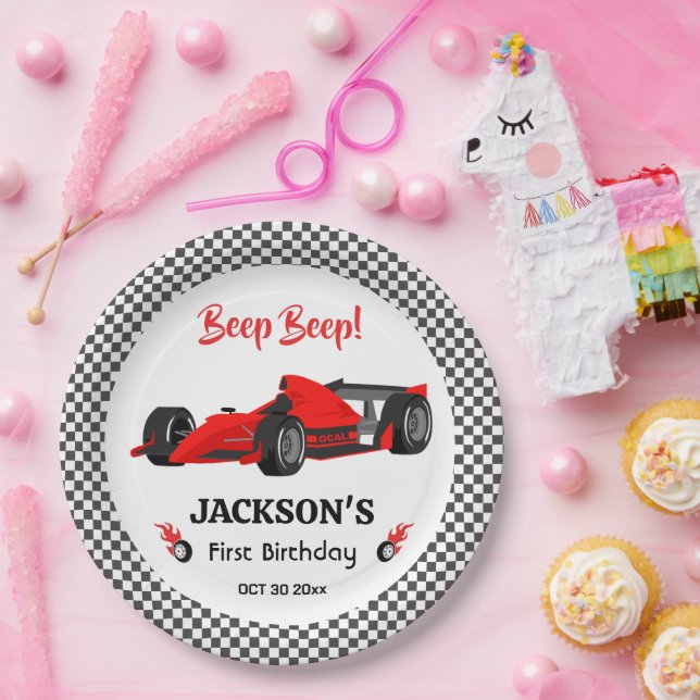 Cute modern Red Racing Car 1st birthday Party  Paper Plate (Party)