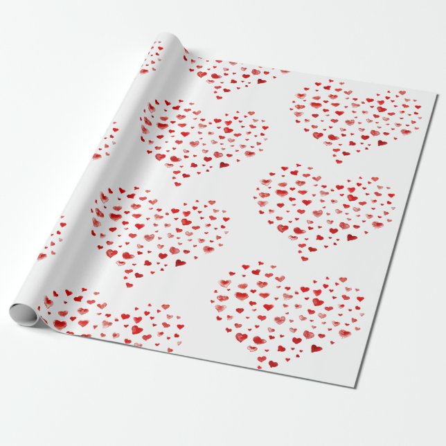 Cute Modern Red Watercolor Hearts Wrapping Paper (Unrolled)