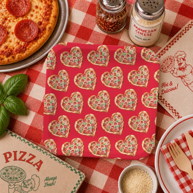 Cute Modern RedHeart Shaped Pizza Paper Plate (Cute Modern RedHeart Shaped Pizza Paper Plates)