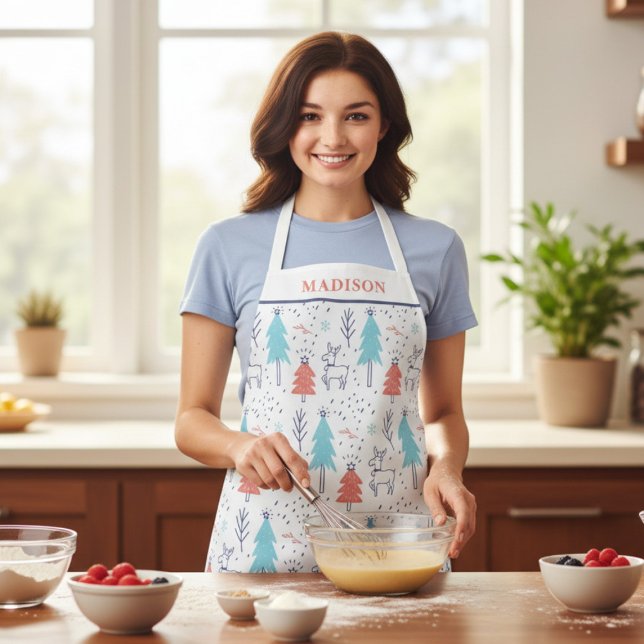 Cute Modern Reindeer Christmas Personalised Name Apron (Creator Uploaded)