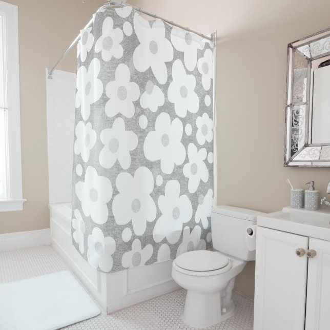 Cute Modern Retro Daisy Pattern Grey Shower Curtain (In Situ)