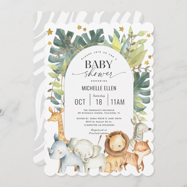 Cute modern safari animals watercolor baby shower invitation (Front/Back)