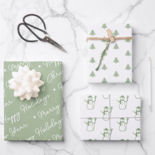 Cute Modern Sage Green Snowman Christmas Trees Wrapping Paper Sheet