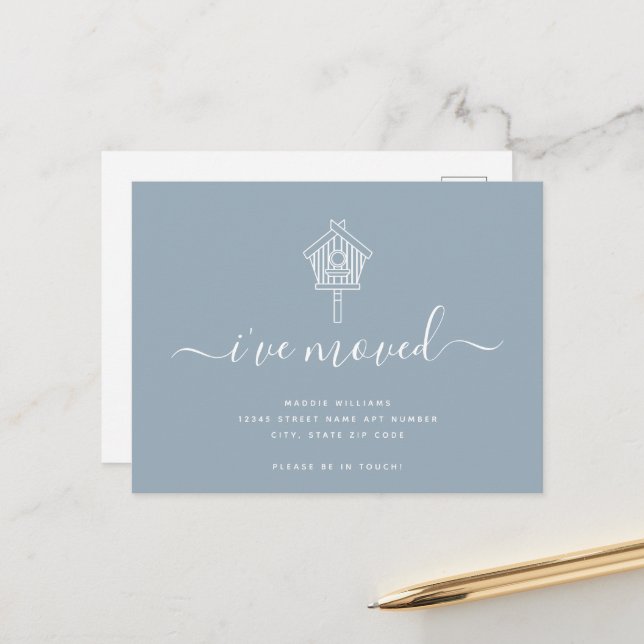 Cute Modern Script I've Moved Bird House Moving Announcement Postcard (Front/Back In Situ)