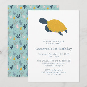 Cute Modern Sea Turtle Simple 1st Birthday Invitation