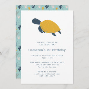 Cute Modern Sea Turtle Simple 1st Birthday Invitation