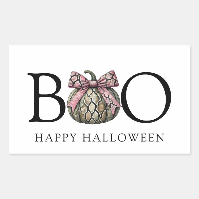 Cute Modern Snake Skin Pumpkin With Pink Bow Rectangular Sticker (Front)