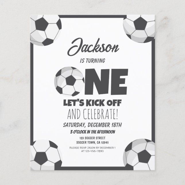 Cute Modern Soccer Budget 1st Birthday Invitation (Front)
