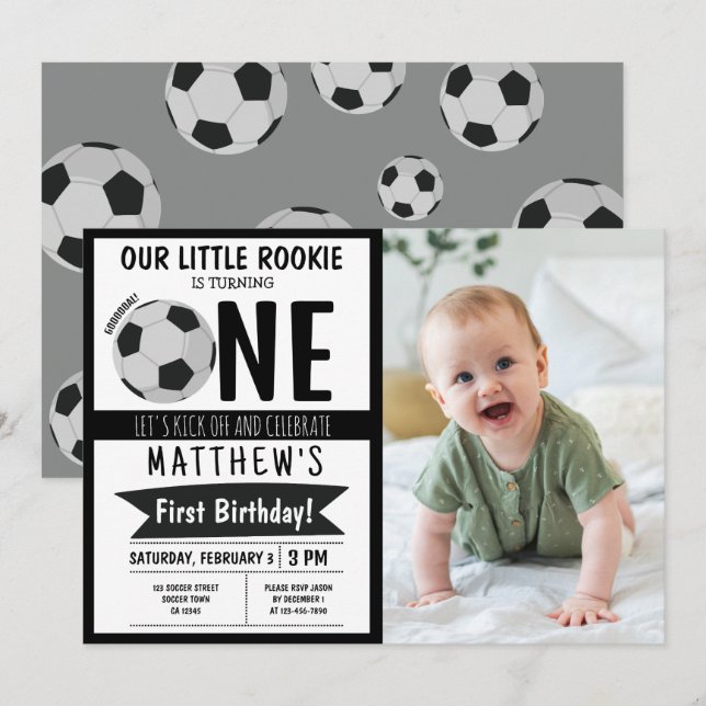Cute Modern Soccer Ribbon Photo 1st Birthday Invitation (Front/Back)