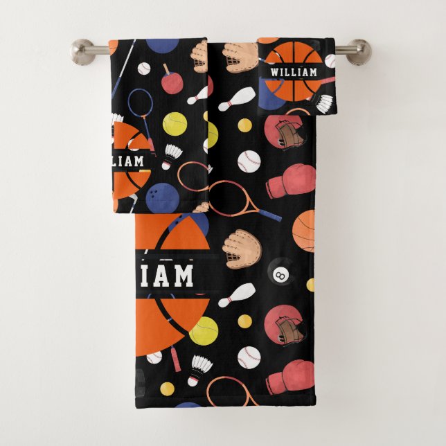 Cute Modern Sports Champion Custom Kids Black Bath Towel Set (Insitu)